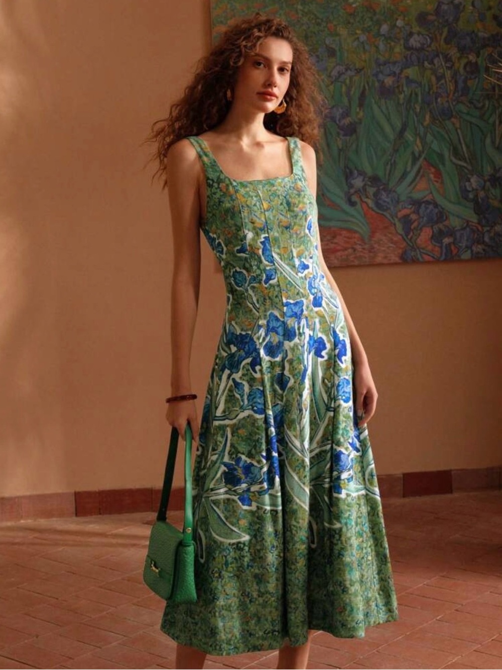 MOTF Green Floral Midi Dress with Blue Blooms